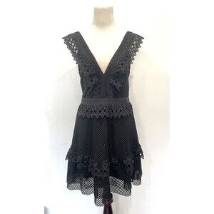 Shilla the Label The elite lace trim black mini dress Wedding Guest Deep V Small
